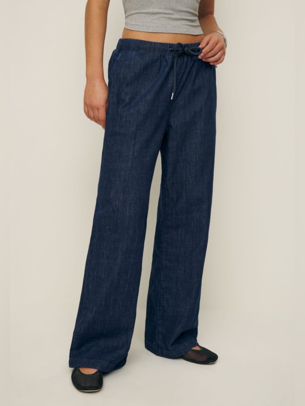 Reformation Inaya Denim Pant, Mid-Rise Drawstring Relaxed Leg (L)